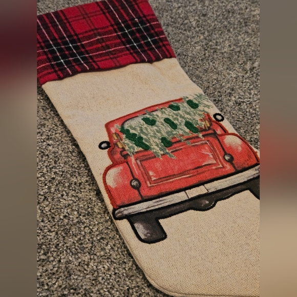 Red Truck Christmas Tree Stocking Plaid Red Green - Picture 2 of 3